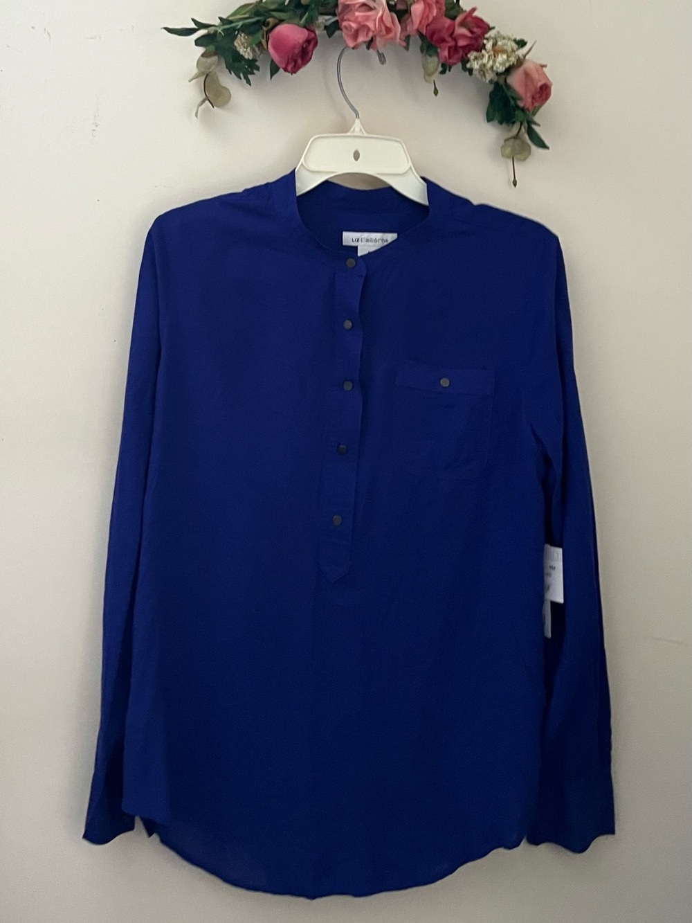 Liz Claiborne Royal Blue Band Collar Button-Front Blouse